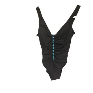 Black One Piece Swimsuit‎ Ruched Tummy Control Turquoise Detail